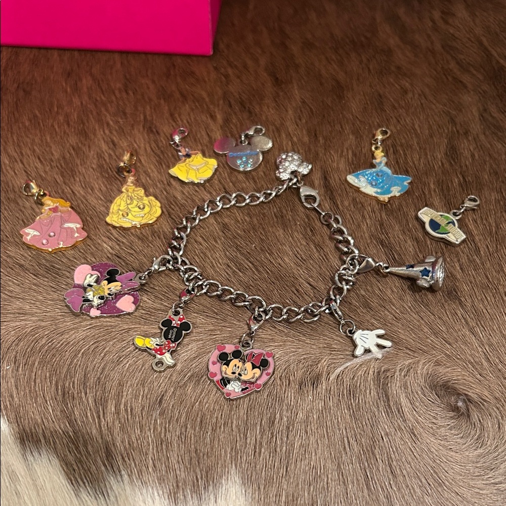 Disney Minnie and Mickey Mouse Silver Charm Bracelet with Princess Charms